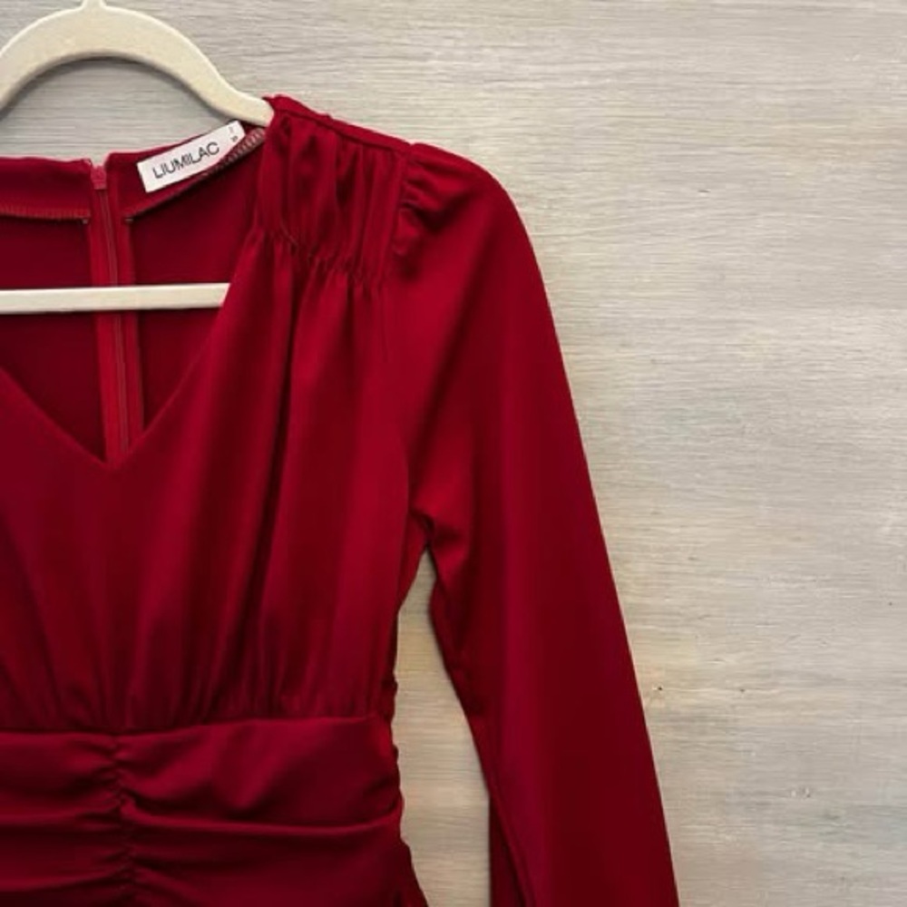 LIUMILAC Red V Neck Fit and Flare Dress Small Like New - Picture 2 of 10
